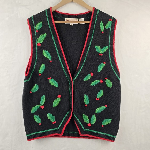 Bechamel Sweaters - Vintage Bechamel Christmas Holiday Holly Berry Knit Vest Red Green LARGE